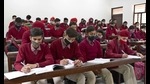 Social distancing goes for a toss in a crowded classroom at Government Model Senior Secondary School, Punjab Agricultural University, in Ludhiana on Monday. (Harsimar Pal SIngh/HT) Social distancing goes for a toss in a crowded classroom at Government Model Senior Secondary School, Punjab Agricultural University, in Ludhiana on Monday. (Harsimar Pal SIngh/HT)