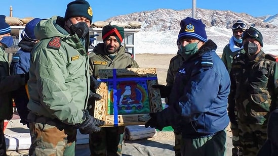 Chief of the Air Staff, Air Chief Marshal RKS Bhadauria during his visit to Air Force Stations and Advanced Landing Grounds in Ladakh, Monday. (PTI)
