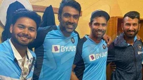 Rishabh Pant, R Ashwin, Hanuma Vihari and Cheteshwar Pujara celebrate in dressing room after India drew the Sydney Test(Twitter)