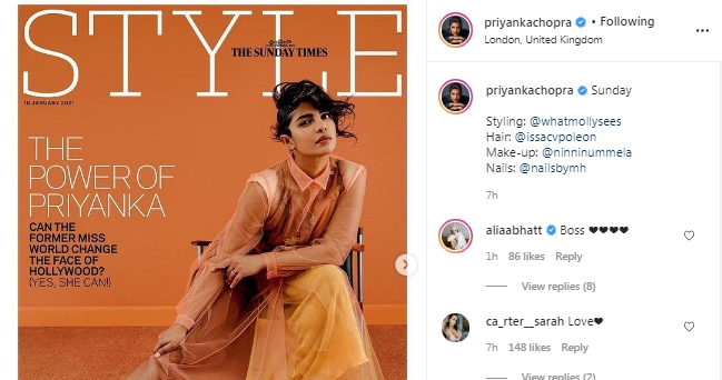 Alia Bhatt’s comment on Priyanka’s picture (Instagram/priyankachopra)