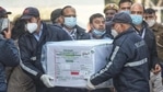 The vaccines were taken in three refrigerated vans under police escort from the airport to the state vaccine store at the Nalanda Medical College Hospital (NMCH). (HT PHOTO) The vaccines were taken in three refrigerated vans under police escort from the airport to the state vaccine store at the Nalanda Medical College Hospital (NMCH). (HT PHOTO)