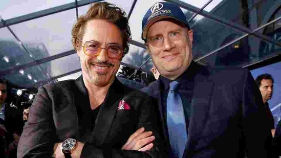 Actor Robert Downey Jr. (L) and Kevin Feige, President of Marvel Studios at the premiere of Avengers: Infinity War.(REUTERS)