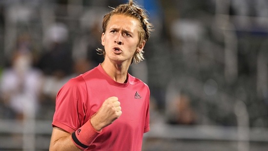 DELRAY BEACH, FLORIDA - JANUARY 12: Sebastian Korda reacts after winning a point against Cameron Norrie of Great Britain during the Semifinals of the Delray Beach Open by Vitacost.com at Delray Beach Tennis Center on January 12, 2021 in Delray Beach, Florida. Mark Brown/Getty Images/AFP == FOR NEWSPAPERS, INTERNET, TELCOS & TELEVISION USE ONLY ==(AFP)