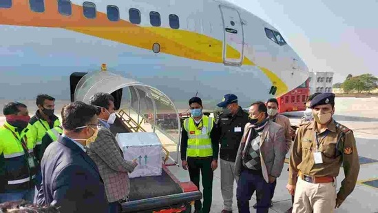The first batch of Covishield vaccines arriving at Dehradun airport on Wednesday. (TWITTER/Dehradun Airport) The first batch of Covishield vaccines arriving at Dehradun airport on Wednesday. (TWITTER/Dehradun Airport)