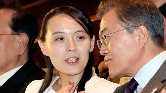 FILE - In this Feb. 11, 2018, file photo, Kim Yo Jong, center, North Korean leader Kim Jong Un's sister, talks with South Koran President Moon Jae-in as they watch a performance of North Korea's Samjiyon Orchestra at National Theater in Seoul, South Korea. After the name of Kim Yo Jong was found to be missing from North Korea’s newly released lineup for its powerful Politburo, speculation has been rife about the woman widely viewed as the North’s No.2. (Bee Jae-man/Yonhap via AP, File) (AP)