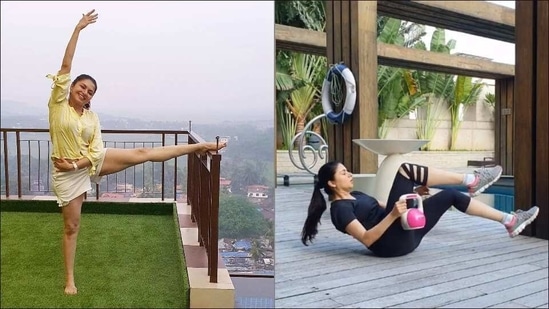 Bhagyashree’s ballerina stretch, kettlebell workout set powerful fitness inspo(Instagram/bhagyashree.online)