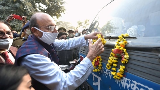 Lucknow: UP Health Minister Jai Pratap Singh flags off the first batch of Covishield vaccine, which arrived from Pune's Serum Institute of India, at Chaudhary Charab Singh airport in Lucknow, Tuesday, Jan. 12, 2021. (PTI Photo/Nand Kumar)(PTI01_12_2021_000177B)(PTI) Lucknow: UP Health Minister Jai Pratap Singh flags off the first batch of Covishield vaccine, which arrived from Pune's Serum Institute of India, at Chaudhary Charab Singh airport in Lucknow, Tuesday, Jan. 12, 2021. (PTI Photo/Nand Kumar)(PTI01_12_2021_000177B)(PTI)