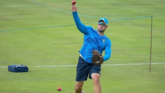 South African head coach Mark Boucher throws the ball during the pre-warmup on day two of the first cricket test match between South Africa and Sri Lanka at Super Sport Park Stadium in Pretoria, Sunday, Dec. 27, 2020. (AP Photo/Catherine Kotze)(AP)