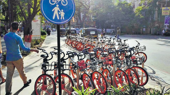 Bicycles on JM road in Pune on February 9, 2019. App-based bicycle rental systems launched by various companies had placed nearly 8000 cycles for rent in Pune in 2018. Sadly, they pulled out in the absence of safe infrastructure. (Ravindra Joshi) Bicycles on JM road in Pune on February 9, 2019. App-based bicycle rental systems launched by various companies had placed nearly 8000 cycles for rent in Pune in 2018. Sadly, they pulled out in the absence of safe infrastructure. (Ravindra Joshi)