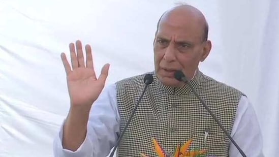 Defence minister Rajnath Singh speaking in Bengaluru on Thursday.(ANI Photo) Defence minister Rajnath Singh speaking in Bengaluru on Thursday.(ANI Photo)
