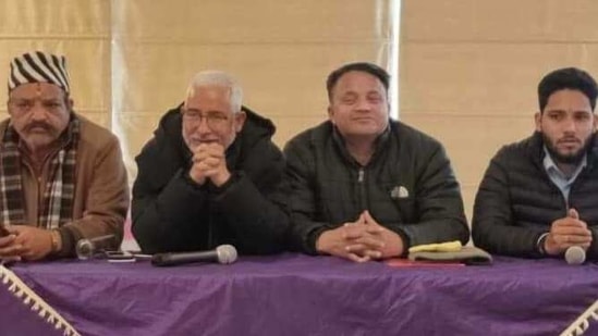 Congress MP Pradeep Tamta (second from left) at a press conference in Haldwani on Thursday,. (HT PHOTO)