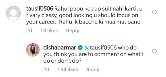 Disha Parmar gave it back to a fan who advised her against marrying Rahul Vaidya. Disha Parmar gave it back to a fan who advised her against marrying Rahul Vaidya.