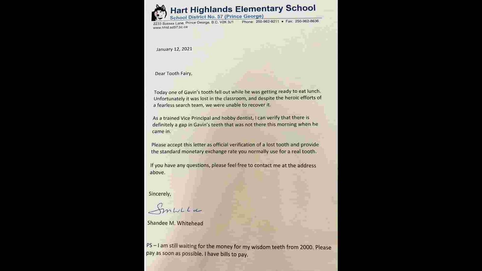 Vice principal writes letter to Tooth Fairy vouching for kid who lost ...