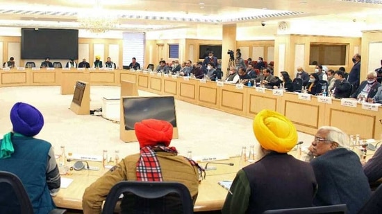 Farmers' leaders are seen during th ninth round of meeting with the government over the farm laws at Vigyan Bhavan in New Delhi on Friday. (ANI Photo) Farmers' leaders are seen during th ninth round of meeting with the government over the farm laws at Vigyan Bhavan in New Delhi on Friday. (ANI Photo)