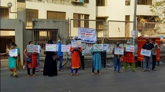 Parents assembled outside the school and demanded that the school waive-off at least some percentage of the total fees owing to the current situation. Parents assembled outside the school and demanded that the school waive-off at least some percentage of the total fees owing to the current situation.