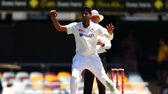 India's Washington Sundar reacts after bowling on day one of the fourth cricket Test match between Australia and India at the Gabba in Brisbane(AFP)