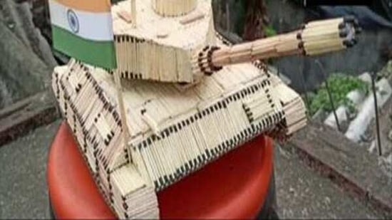 On the occasion of Army Day, an artist has prepared a model of an Indian army tank using 2,256 matchsticks on Friday.(ANI) On the occasion of Army Day, an artist has prepared a model of an Indian army tank using 2,256 matchsticks on Friday.(ANI)