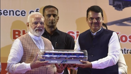 Indian Prime Minister Narendra Modi and then Maharashtra state CM Devendra Fadnavis inaugurated of the first coach for Mumbai Metro built under the 'Make in India' program, and three Metro lines, on September 7, 2019. (Kunal Patil/HT Photo)