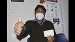 Sanitation worker Hardeep Singh, 34, after being administered the first dose of the Covishield vaccine at Indira Gandhi Medical College, Shimla, on Saturday. (Deepak Sansta/HT) Sanitation worker Hardeep Singh, 34, after being administered the first dose of the Covishield vaccine at Indira Gandhi Medical College, Shimla, on Saturday. (Deepak Sansta/HT)