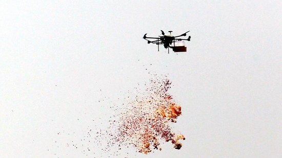 Drones shower flowers during the Army Day Parade, at Cariappa Parade Ground in New Delhi on Friday. (ANI Photo) Drones shower flowers during the Army Day Parade, at Cariappa Parade Ground in New Delhi on Friday. (ANI Photo)