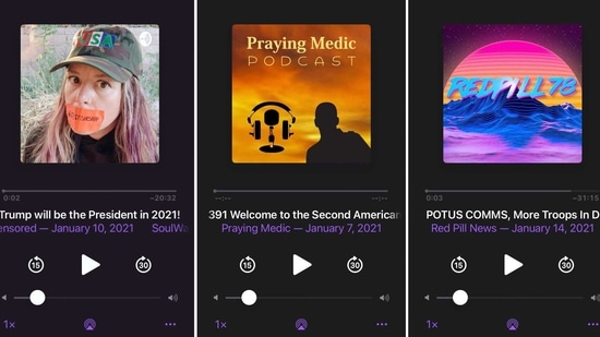 This combination of photos shows various podcasts, Friday, Jan. 15, 2021. Major social platforms have been cracking down on the spread of misinformation and conspiracy theories in the wake of the Jan. 6 riot at the Capitol. But Apple and Google, among others, have left open a major loophole: Podcasts. (AP Photo/David Hamilton)(AP)