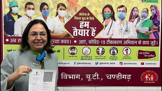 Dr Amandeep Kang, director, health services, showing her certificate after getting the Covishield shot on Saturday. Dr Amandeep Kang, director, health services, showing her certificate after getting the Covishield shot on Saturday.