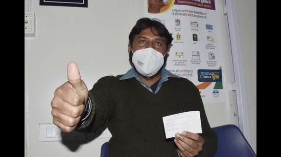 Sanitation worker Hardeep Singh, 34, after being administered the first dose of the Covishield vaccine at Indira Gandhi Medical College, Shimla, on Saturday. (Deepak Sansta/HT) Sanitation worker Hardeep Singh, 34, after being administered the first dose of the Covishield vaccine at Indira Gandhi Medical College, Shimla, on Saturday. (Deepak Sansta/HT)