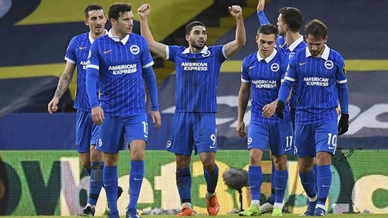 Brighton and Hove Albion's Neal Maupay (centre) celebrates with his team-mate after scoring his side's first goal. (Getty) Brighton and Hove Albion's Neal Maupay (centre) celebrates with his team-mate after scoring his side's first goal. (Getty)