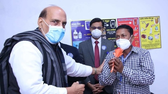Defence minister Rajnath Singh at a hospital in Lucknow during the Covid-19 immunisation drive. (@rajnathsingh/Twitter Photo ) Defence minister Rajnath Singh at a hospital in Lucknow during the Covid-19 immunisation drive. (@rajnathsingh/Twitter Photo )
