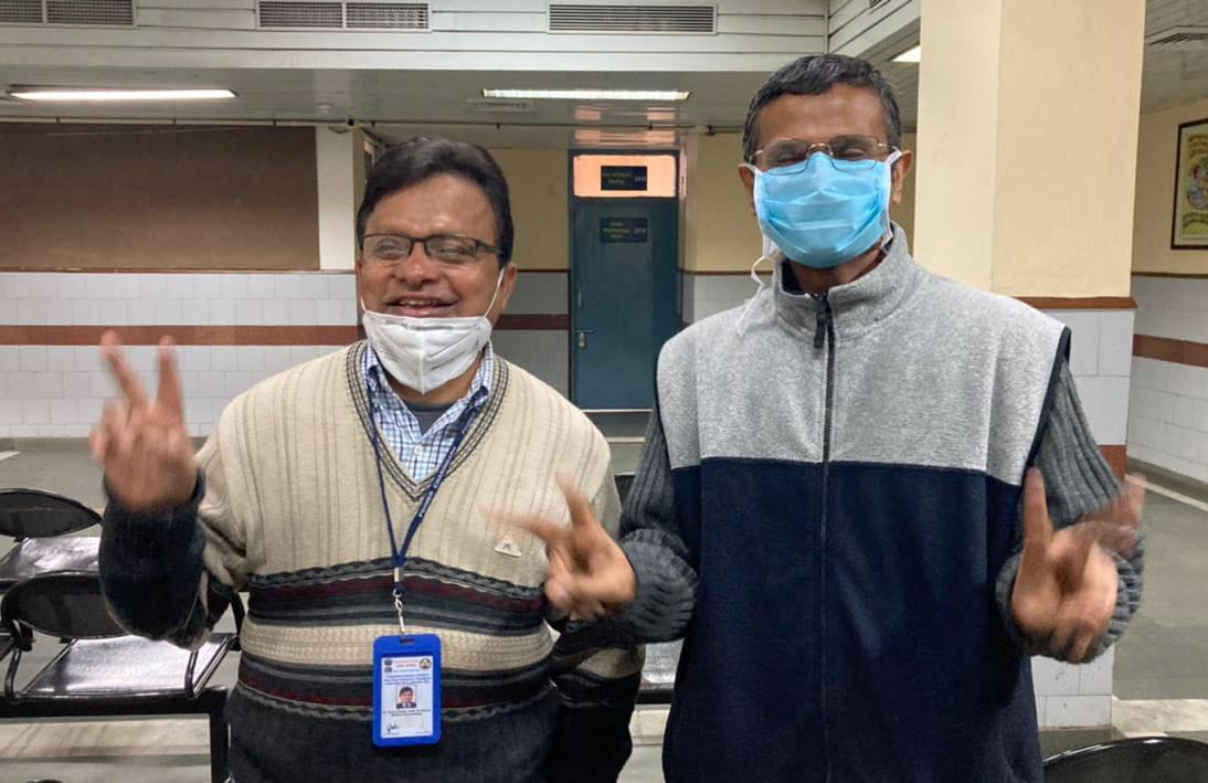 First and second beneficiary of covisheild vaccine in PGI Dr .Anup Ghosh Department of Microbiology and Prashant sharma Department of Haematology in PGI Chandigarh. (HT Photo/  Keshav Singh)