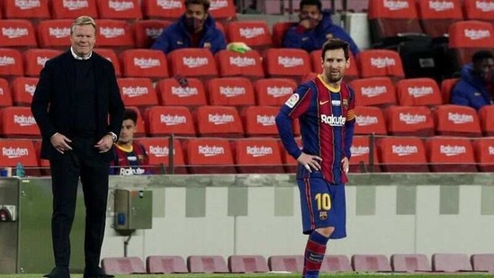 Barcelona's Lionel Messi and coach Ronald Koeman.(REUTERS)