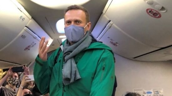 Russian opposition leader Alexei Navalny is seen onboard a plane at an airport in Berlin, Germany.(REUTERS)