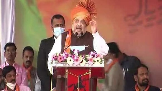 Home Minister Amit Shah addresses during the inauguration of the Ethanol projects of M/S Kedarnath Sugar and Agro products at Karakalmatti village in Bagalkot on Sunday. (ANI Photo) Home Minister Amit Shah addresses during the inauguration of the Ethanol projects of M/S Kedarnath Sugar and Agro products at Karakalmatti village in Bagalkot on Sunday. (ANI Photo)