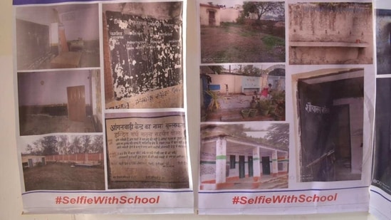 Photographs of Uttarakhand government schools put up by AAP during a photo exhibition under "selfie with school campaign" in Dehradun.(HT PHOTO) Photographs of Uttarakhand government schools put up by AAP during a photo exhibition under "selfie with school campaign" in Dehradun.(HT PHOTO)