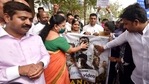 Bharatiya Janata Party leader Ram Kadam and supporters blackening the face of actors of Amazon Web Series Tandava's poster during a protest in Mumbai.(ANI Photo) Bharatiya Janata Party leader Ram Kadam and supporters blackening the face of actors of Amazon Web Series Tandava's poster during a protest in Mumbai.(ANI Photo)