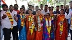 People celebrate the gram panchayat election results in Bhiwand, on Monday, January 18, 2021. (Praful Gangurde/HT Photo) People celebrate the gram panchayat election results in Bhiwand, on Monday, January 18, 2021. (Praful Gangurde/HT Photo)