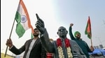 Members of Bahujan Samajwadi Manch take part in 'Maati Sankalp March' in solidarity with farmers protesting against the new farm laws at Ghazipur border, in New Delhi, on Sunday. (PTI) Members of Bahujan Samajwadi Manch take part in 'Maati Sankalp March' in solidarity with farmers protesting against the new farm laws at Ghazipur border, in New Delhi, on Sunday. (PTI)