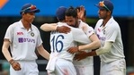 Brisbane : India's Mohammed Siraj, centre, celebrates with teammate Mayank Agarwal, second left, after taking his fifth wicket during play on day four of the fourth cricket test between India and Australia at the Gabba, Brisbane, Australia, Monday, Jan. 18, 2021.AP/PTI(AP01_18_2021_000050A)(AP) Brisbane : India's Mohammed Siraj, centre, celebrates with teammate Mayank Agarwal, second left, after taking his fifth wicket during play on day four of the fourth cricket test between India and Australia at the Gabba, Brisbane, Australia, Monday, Jan. 18, 2021.AP/PTI(AP01_18_2021_000050A)(AP)