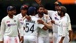 Mohammed Siraj is congratulated by his teammates after getting his fifth wicket. (Getty Images) Mohammed Siraj is congratulated by his teammates after getting his fifth wicket. (Getty Images)