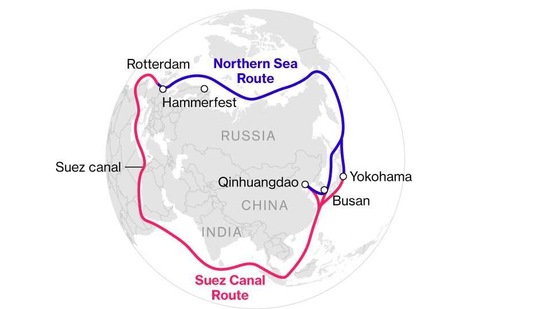 The Northern Sea Route, stretching more than 3,000 nautical miles (5,556 kilometers) between the Barents Sea and the Bering Strait, is the shortest passage between Europe and Asia.(Bloomberg)
