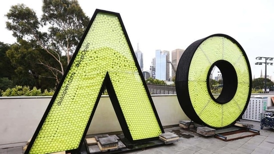 The giant Australian Open logo is seen full of tennis balls ahead of the 2019 Australian Open at Melbourne Park(Getty Images)