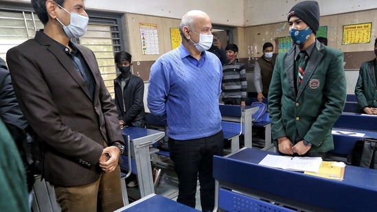 Delhi Deputy Chief Minister Manish Sisodia visits government schools as it reopens for classes 10th and 12th after COVID-19 pandemic, in New Delhi on Monday. (ANI) Delhi Deputy Chief Minister Manish Sisodia visits government schools as it reopens for classes 10th and 12th after COVID-19 pandemic, in New Delhi on Monday. (ANI)