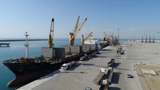 With 140 metric tonnes lifting capacity, the multipurpose equipment will enable India Ports Global Ltd (IPGL) to provide seamless services for container, bulk and general cargo at Shahid Beheshti Port of Chabahar.(Image via Twitter) With 140 metric tonnes lifting capacity, the multipurpose equipment will enable India Ports Global Ltd (IPGL) to provide seamless services for container, bulk and general cargo at Shahid Beheshti Port of Chabahar.(Image via Twitter)