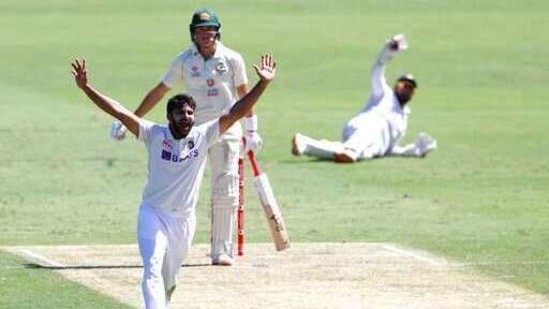 India's Shardul Thakur, left, appeals unsuccessfully for the wicket of Australia's Marnus Labuschagne during play on the first day of the fourth cricket test between India and Australia at the Gabba, Brisbane, Australia, Friday, Jan. 15, 2021. (AP Photo/Tertius Pickard)(AP)