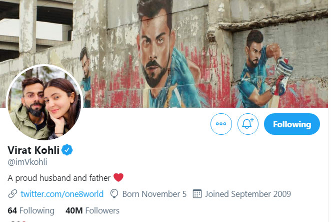 A glimpse of Virat Kohli's new Twitter bio.