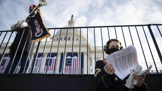 Members of the Pershing's Own Army band rehearse for President-elect Joe Biden's Presidential Inauguration at the US Capitol on January 18.(Caroline Brehman / Pool via AP)