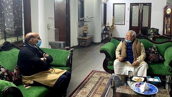 Governor of Rajasthan, Kalraj Mishra meeting Defence Minister Rajnath Singh, in New Delhi. (ANI)