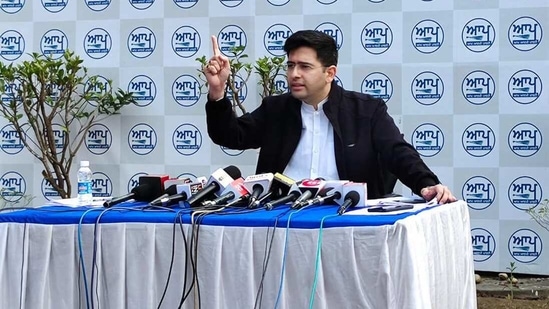AAP leader Raghav Chadha addresses media during a press conference. (PTI) AAP leader Raghav Chadha addresses media during a press conference. (PTI)