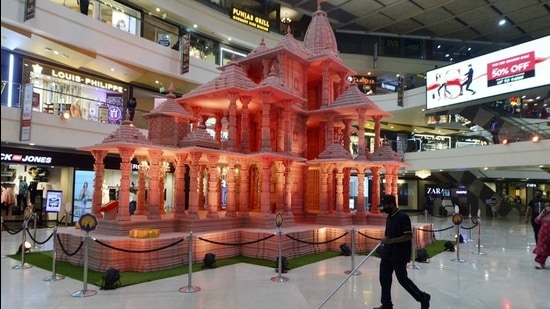 A replica of Ram Mandir (Ayodhya) installed inside a mall, in New Delhi. (Representational image/PTI) A replica of Ram Mandir (Ayodhya) installed inside a mall, in New Delhi. (Representational image/PTI)