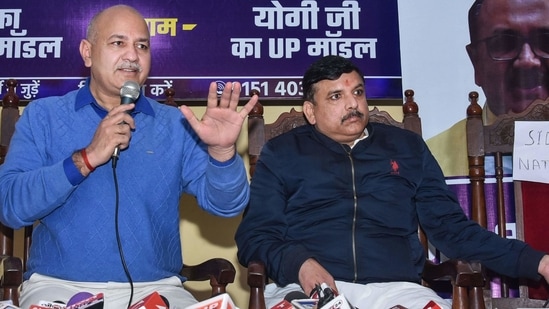 Delhi Dy CM and senior AAP leader Manish Sisodia (L) with party leader Sanjay Singh (R).(PTI) Delhi Dy CM and senior AAP leader Manish Sisodia (L) with party leader Sanjay Singh (R).(PTI)